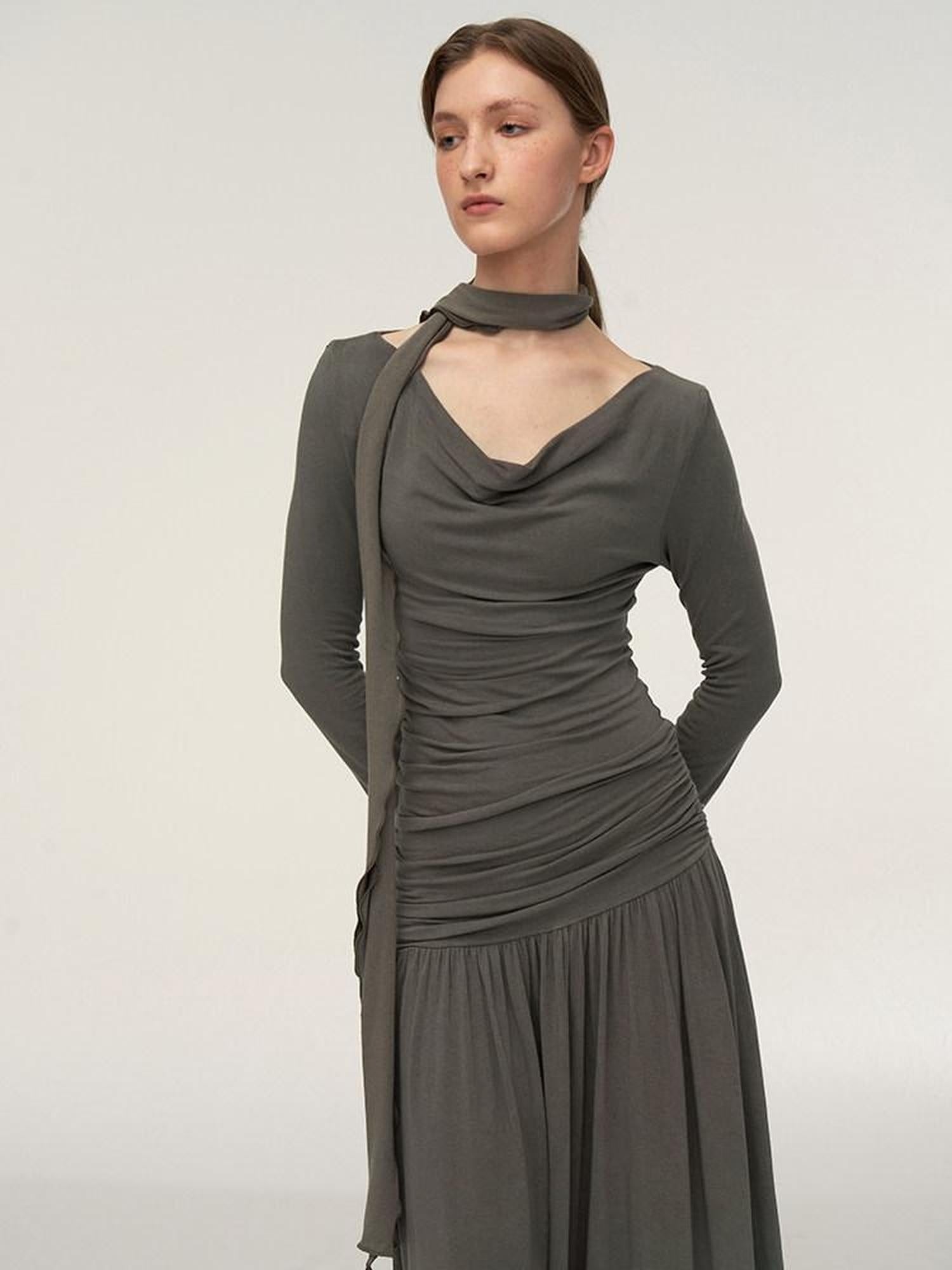 someonesometimes Brushed Cotton A Line Ruched Long Sleeve Women Lava Gray Maxi Dresses