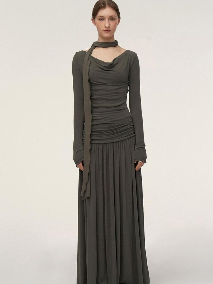 someonesometimes Brushed Cotton A Line Ruched Long Sleeve Women Lava Gray Maxi Dresses