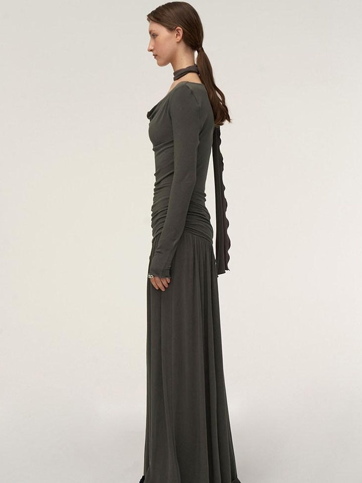 someonesometimes Brushed Cotton A Line Ruched Long Sleeve Women Lava Gray Maxi Dresses