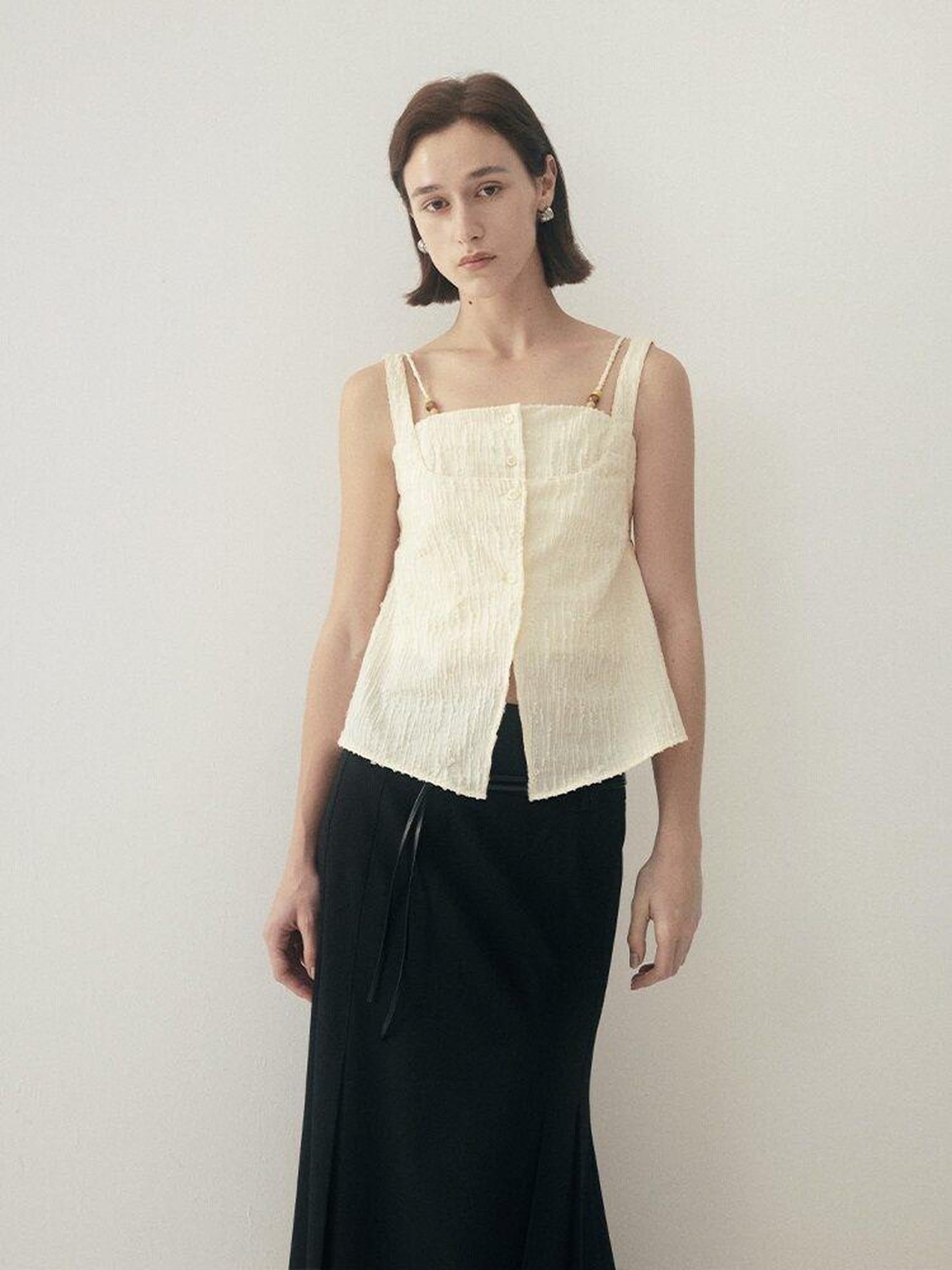 someonesometimes Button Detail Workwear Straight Fit Stretch Almond Beige Camisoles