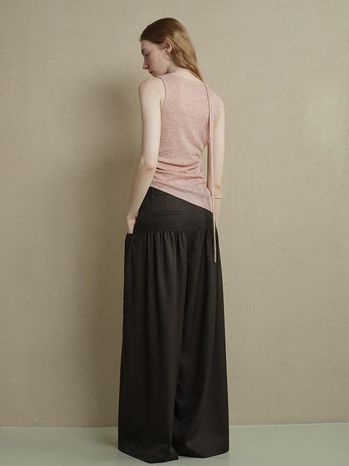 someonesometimes Comfort Minimalist Elastic Natural Waist Office Dark Brown Wide Leg Pants