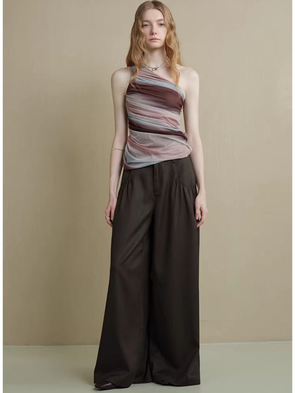 someonesometimes Comfort Minimalist Elastic Natural Waist Office Dark Brown Wide Leg Pants