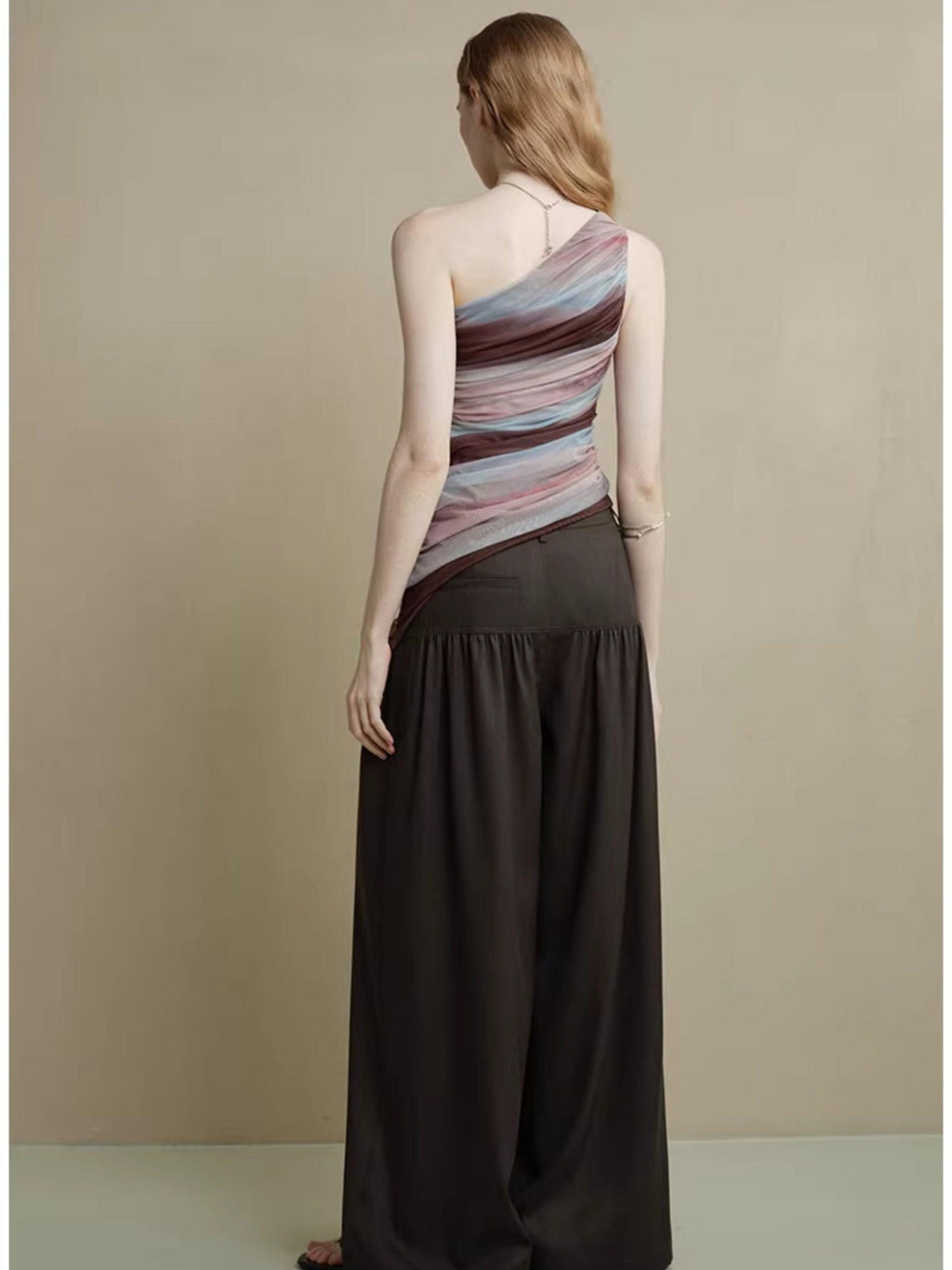 someonesometimes Comfort Minimalist Elastic Natural Waist Office Dark Brown Wide Leg Pants