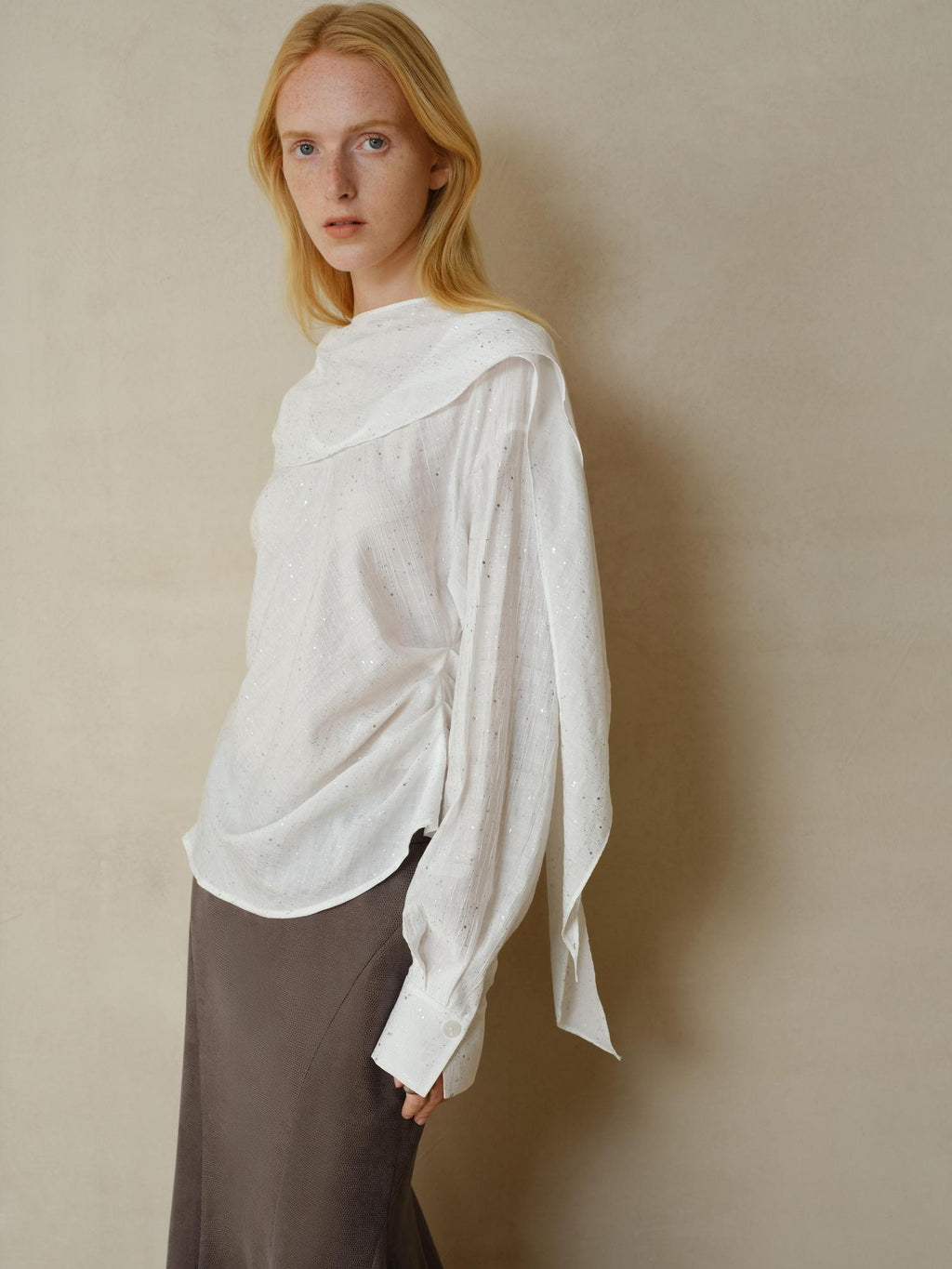 someonesometimes Cooling French Loose Round Neck Long Sleeve Shimmer White Nylon Blouses