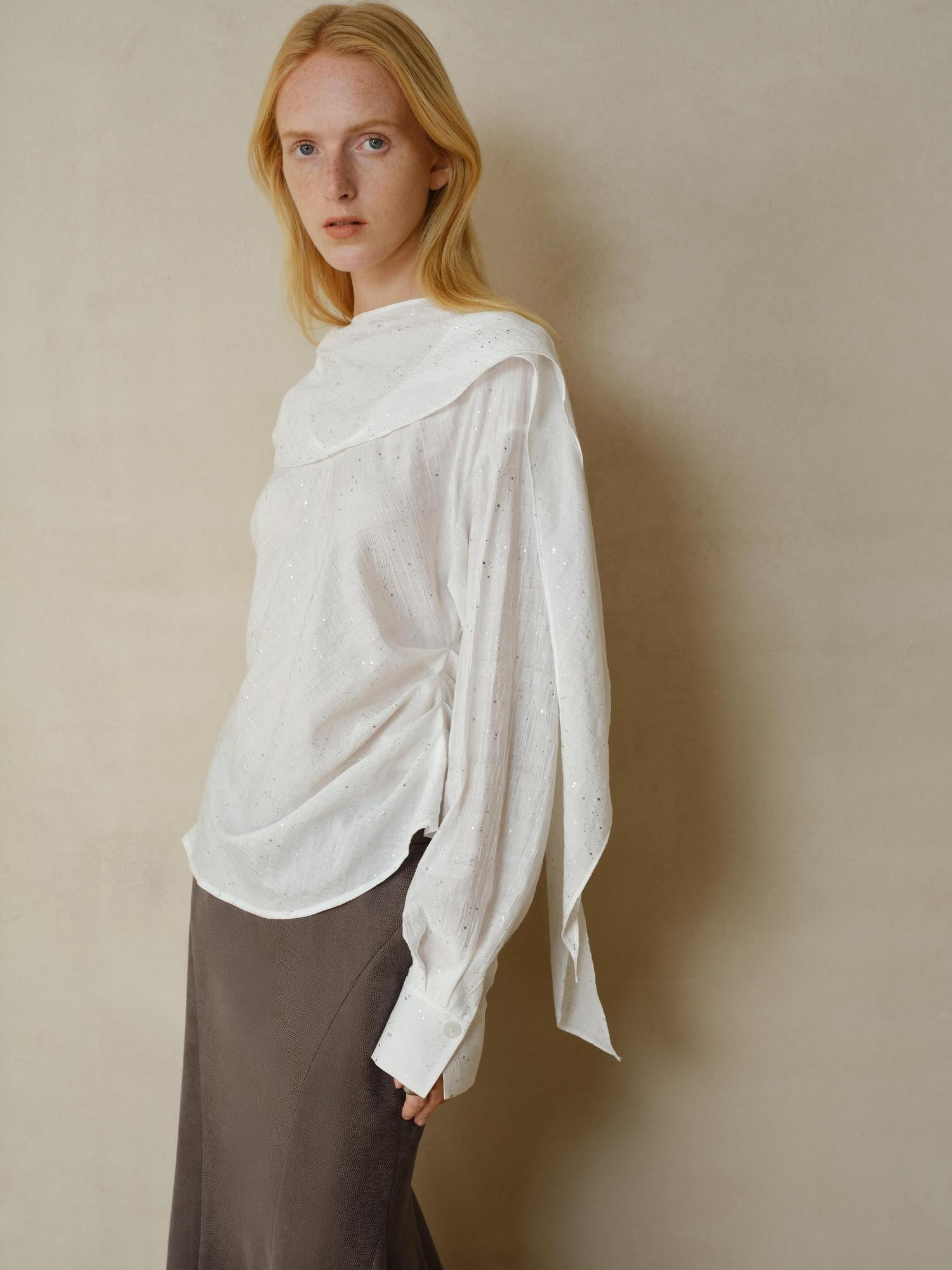 someonesometimes Cooling French Loose Round Neck Long Sleeve Shimmer White Nylon Blouses