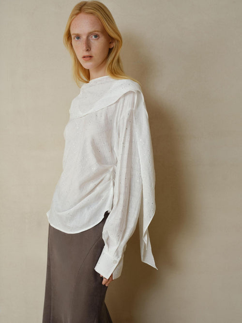 someonesometimes Cooling French Loose Round Neck Long Sleeve Shimmer White Nylon Blouses