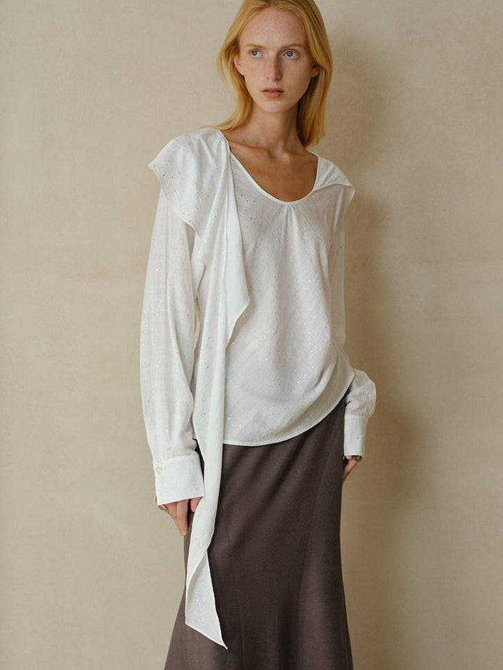 someonesometimes Cooling French Loose Round Neck Long Sleeve Shimmer White Nylon Blouses