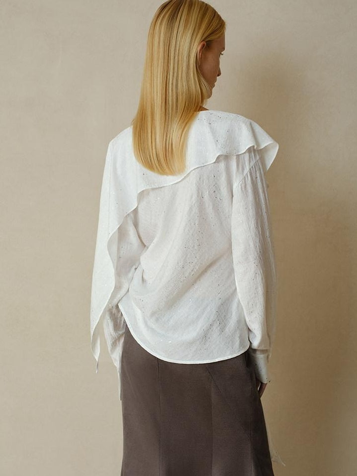 someonesometimes Cooling French Loose Round Neck Long Sleeve Shimmer White Nylon Blouses