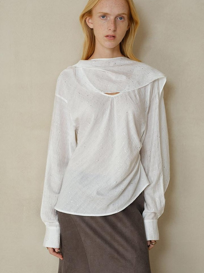 someonesometimes Cooling French Loose Round Neck Long Sleeve Shimmer White Nylon Blouses