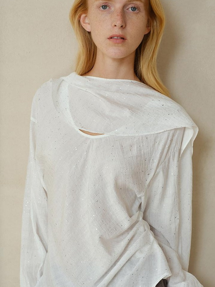 someonesometimes Cooling French Loose Round Neck Long Sleeve Shimmer White Nylon Blouses