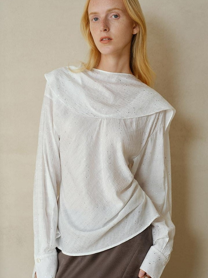 someonesometimes Cooling French Loose Round Neck Long Sleeve Shimmer White Nylon Blouses