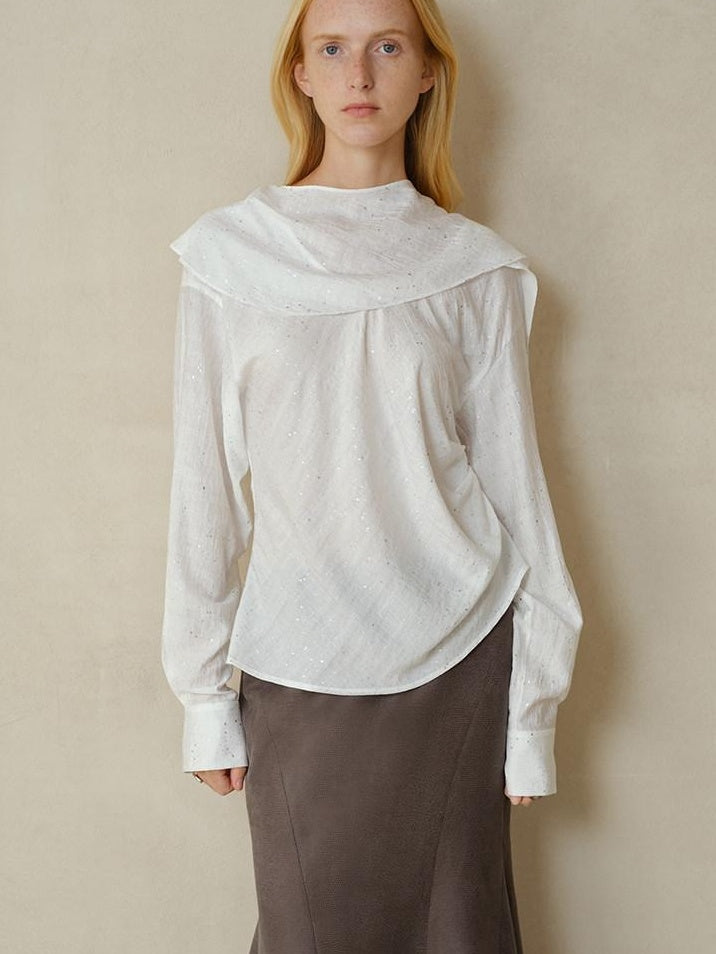 someonesometimes Cooling French Loose Round Neck Long Sleeve Shimmer White Nylon Blouses
