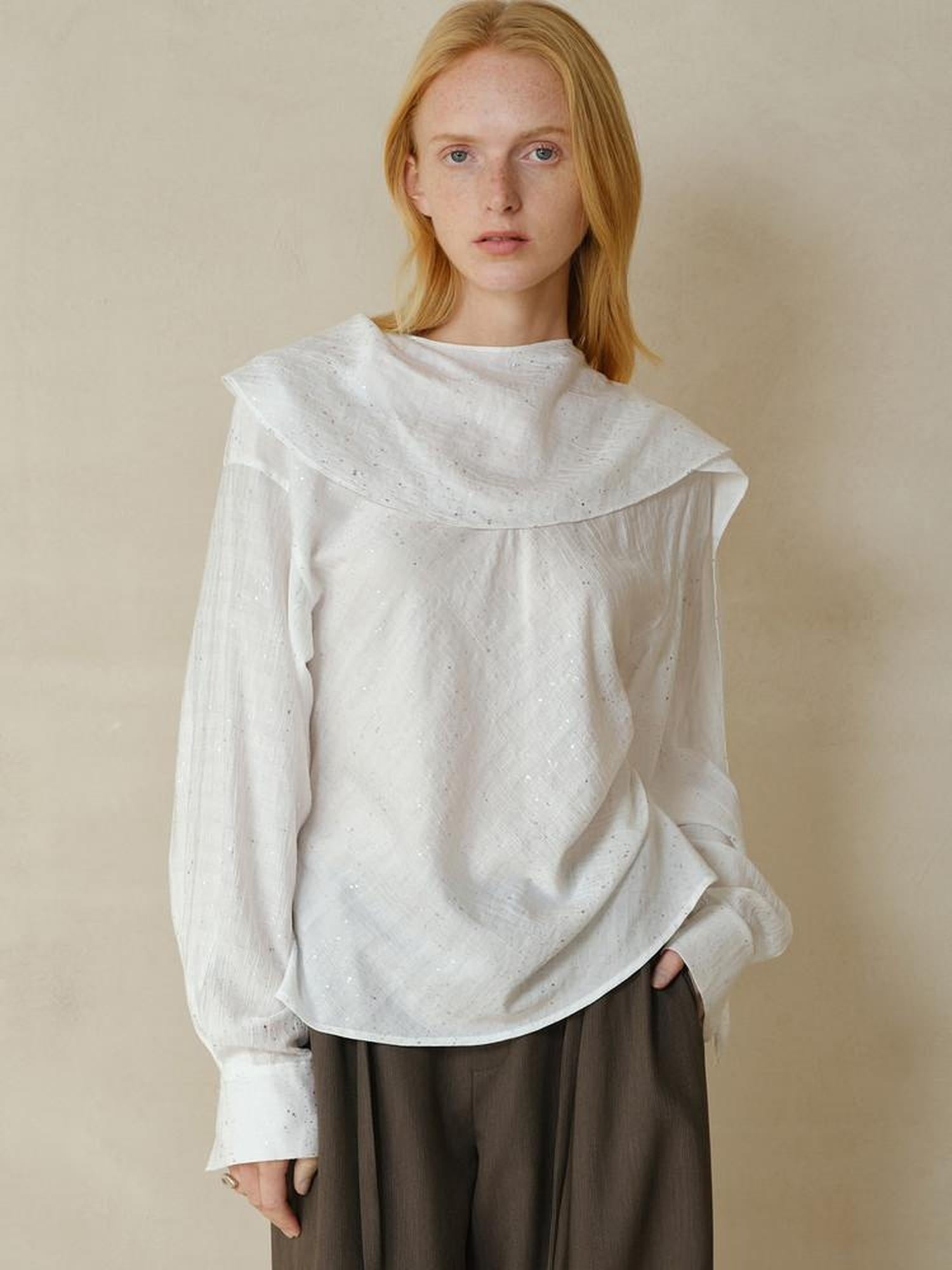 someonesometimes Cooling French Loose Round Neck Long Sleeve Shimmer White Nylon Blouses