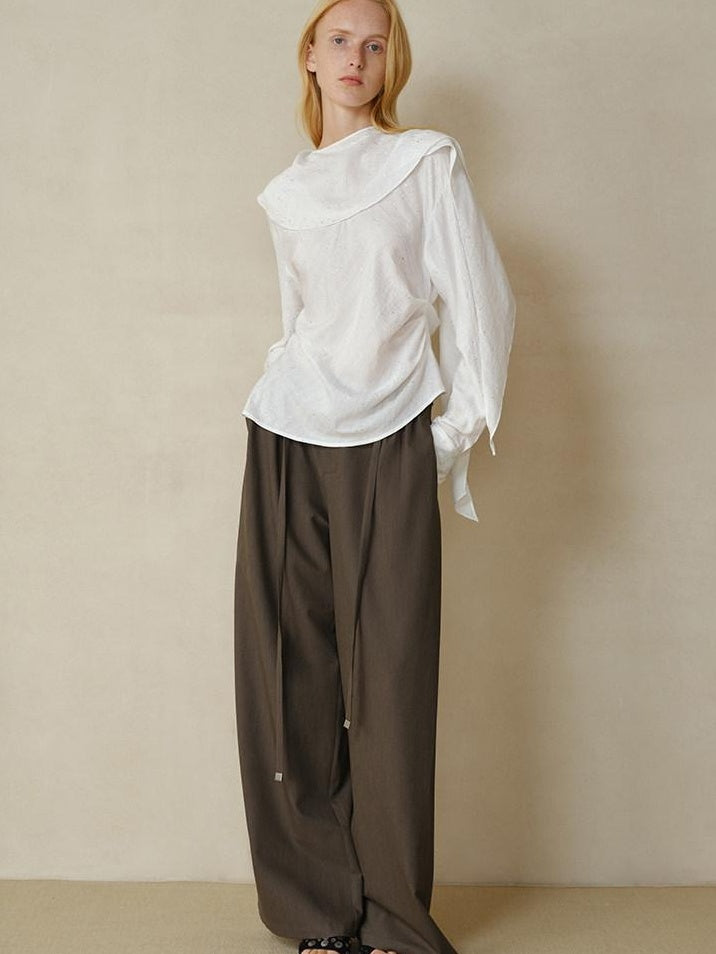 someonesometimes Cooling French Loose Round Neck Long Sleeve Shimmer White Nylon Blouses