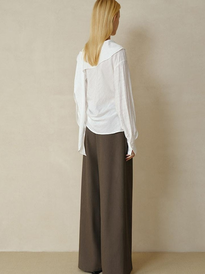 someonesometimes Cooling French Loose Round Neck Long Sleeve Shimmer White Nylon Blouses