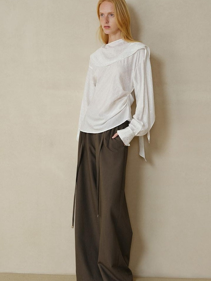 someonesometimes Cooling French Loose Round Neck Long Sleeve Shimmer White Nylon Blouses