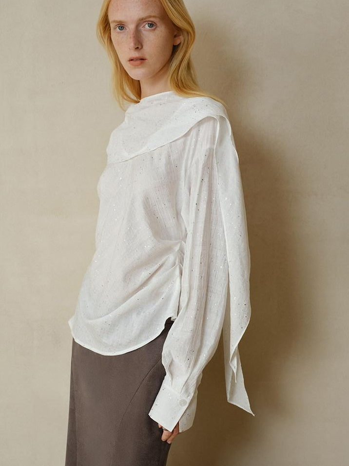 someonesometimes Cooling French Loose Round Neck Long Sleeve Shimmer White Nylon Blouses