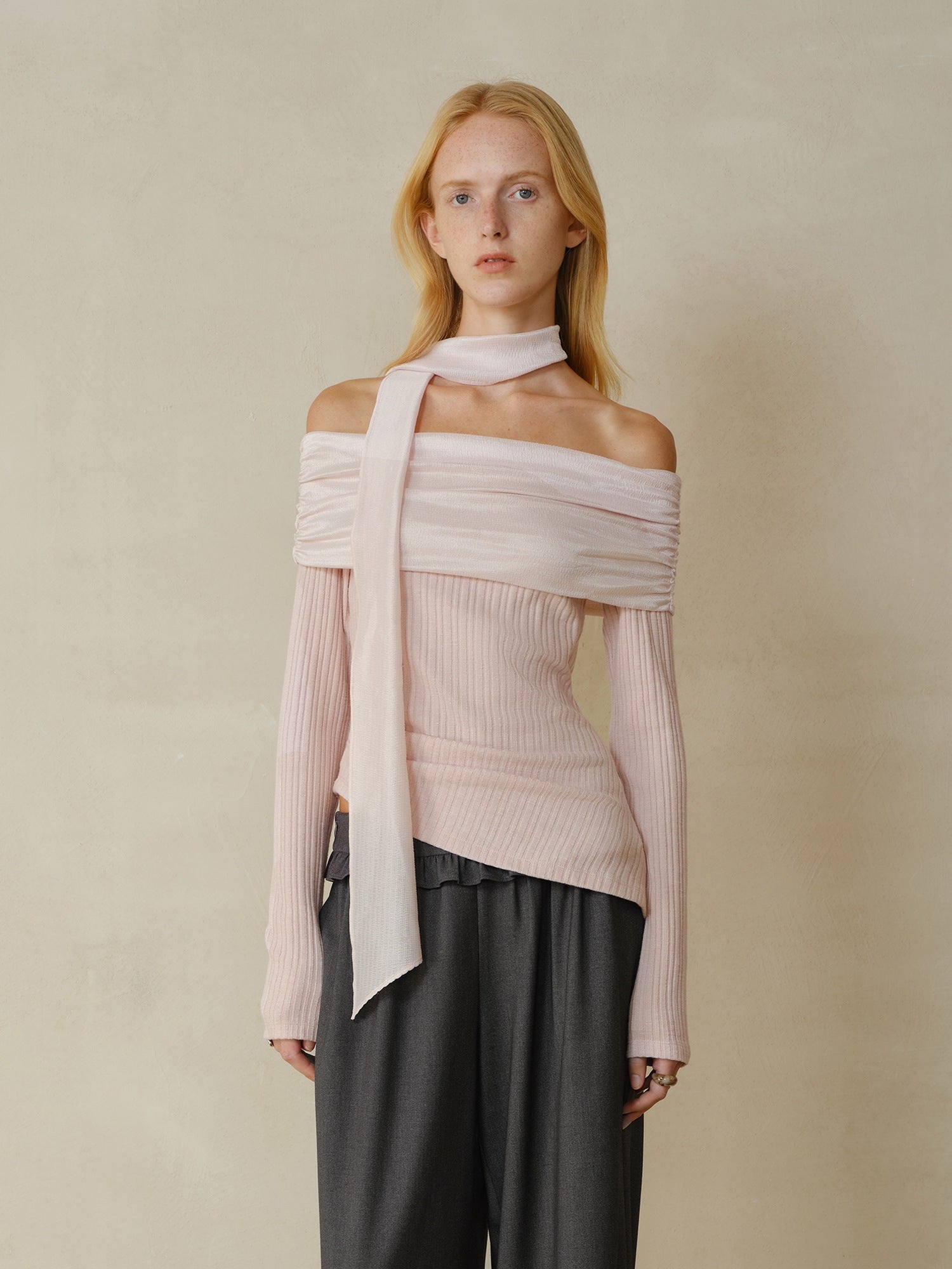 someonesometimes Cotton Blend Slim Fit Patchwork Knit Women Peach Pink Long Sleeve T-Shirts