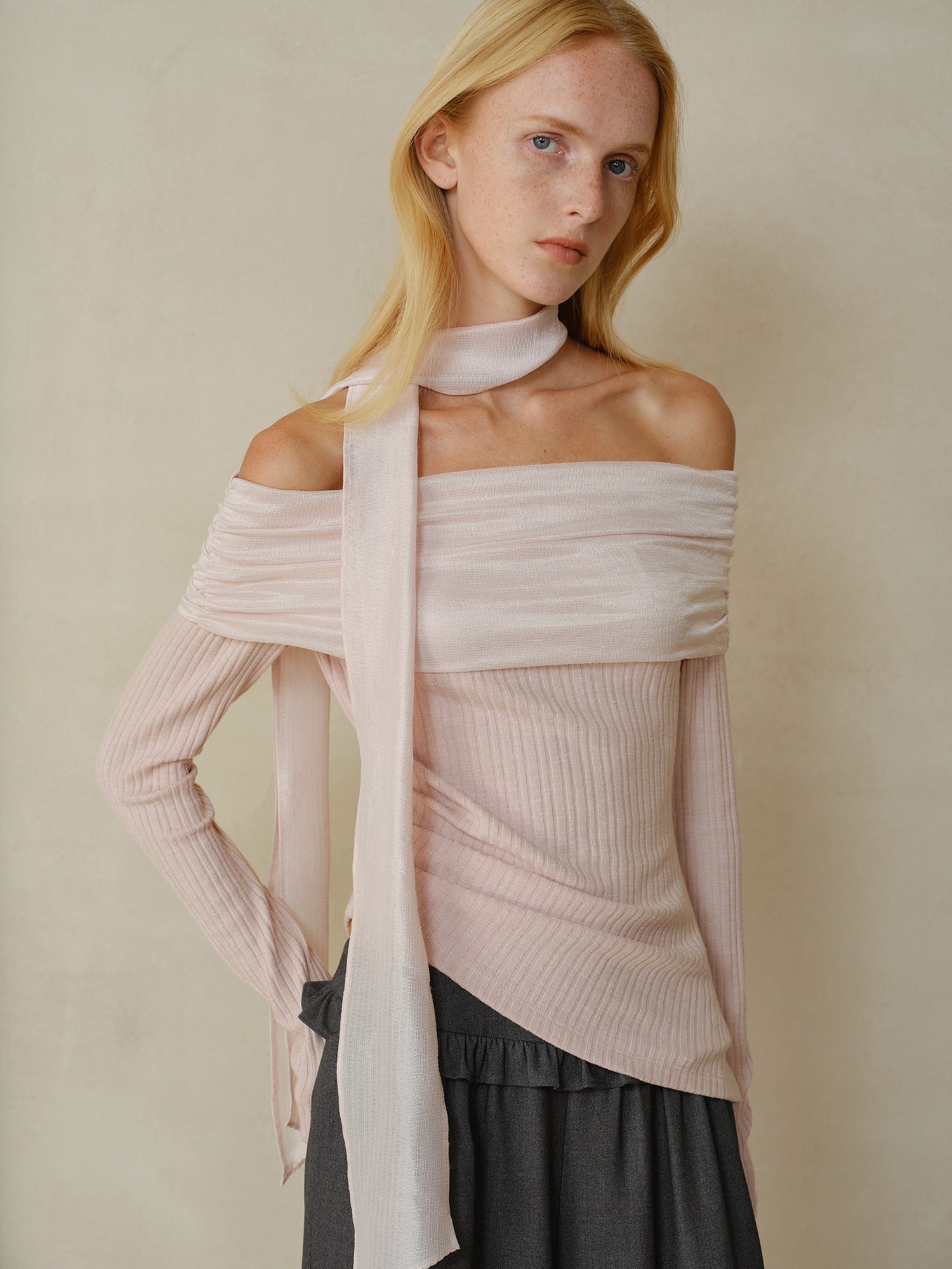someonesometimes Cotton Blend Slim Fit Patchwork Knit Women Peach Pink Long Sleeve T-Shirts