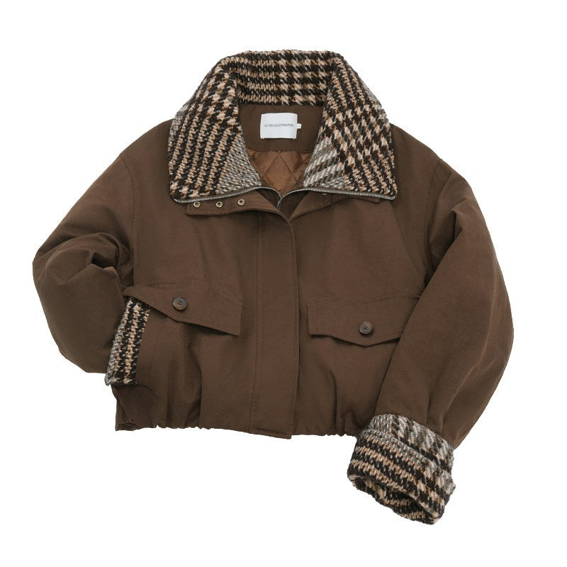 someonesometimes_Cotton_Houndstooth_Faux_Layered_Workwear_Loose_Fit_Women_Short_Puffer_Jackets_MISSTT
