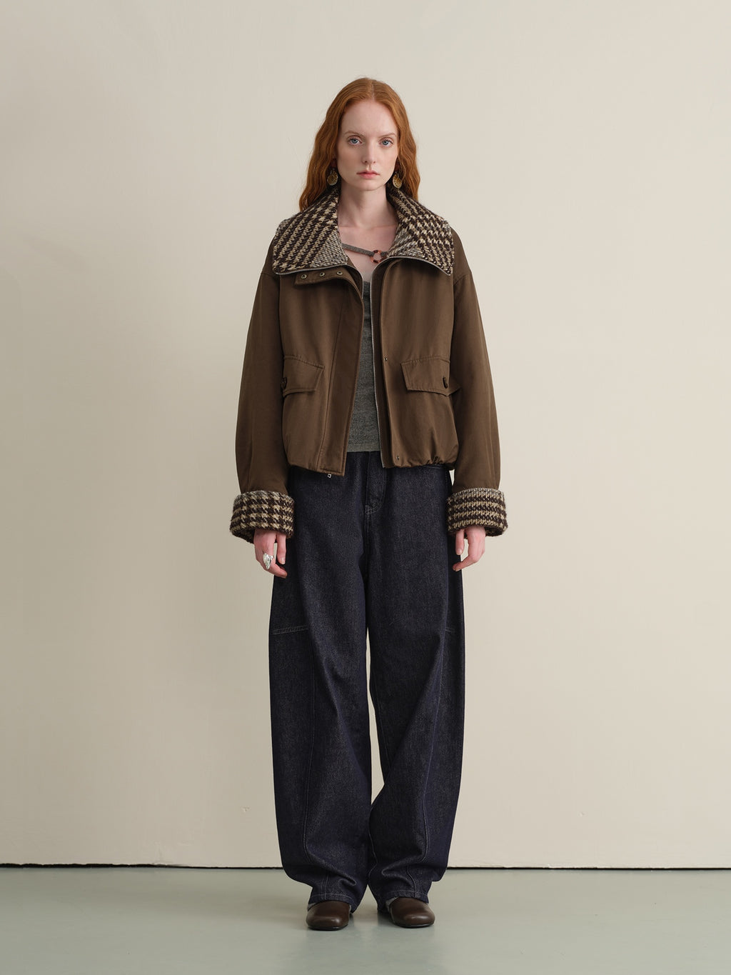 someonesometimes Cotton Houndstooth Faux Layered Workwear Loose Fit Women Short Puffer Jackets