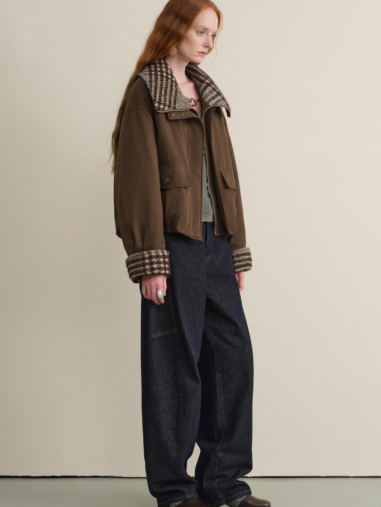 someonesometimes Cotton Houndstooth Faux Layered Workwear Loose Fit Women Short Puffer Jackets