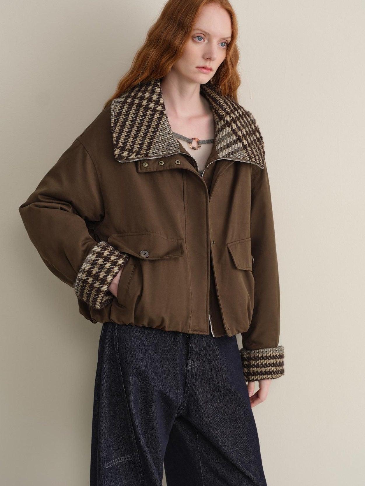 someonesometimes Cotton Houndstooth Faux Layered Workwear Loose Fit Women Short Puffer Jackets