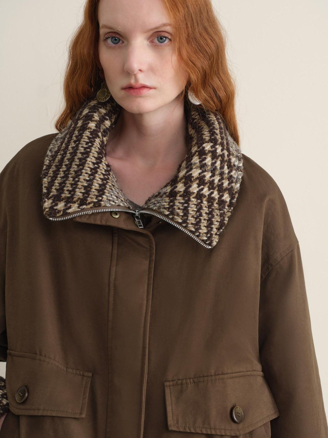 someonesometimes Cotton Houndstooth Faux Layered Workwear Loose Fit Women Short Puffer Jackets