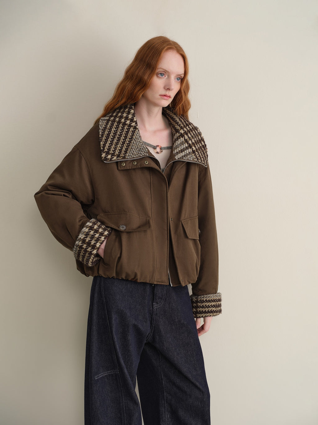 someonesometimes Cotton Houndstooth Faux Layered Workwear Loose Fit Women Short Puffer Jackets
