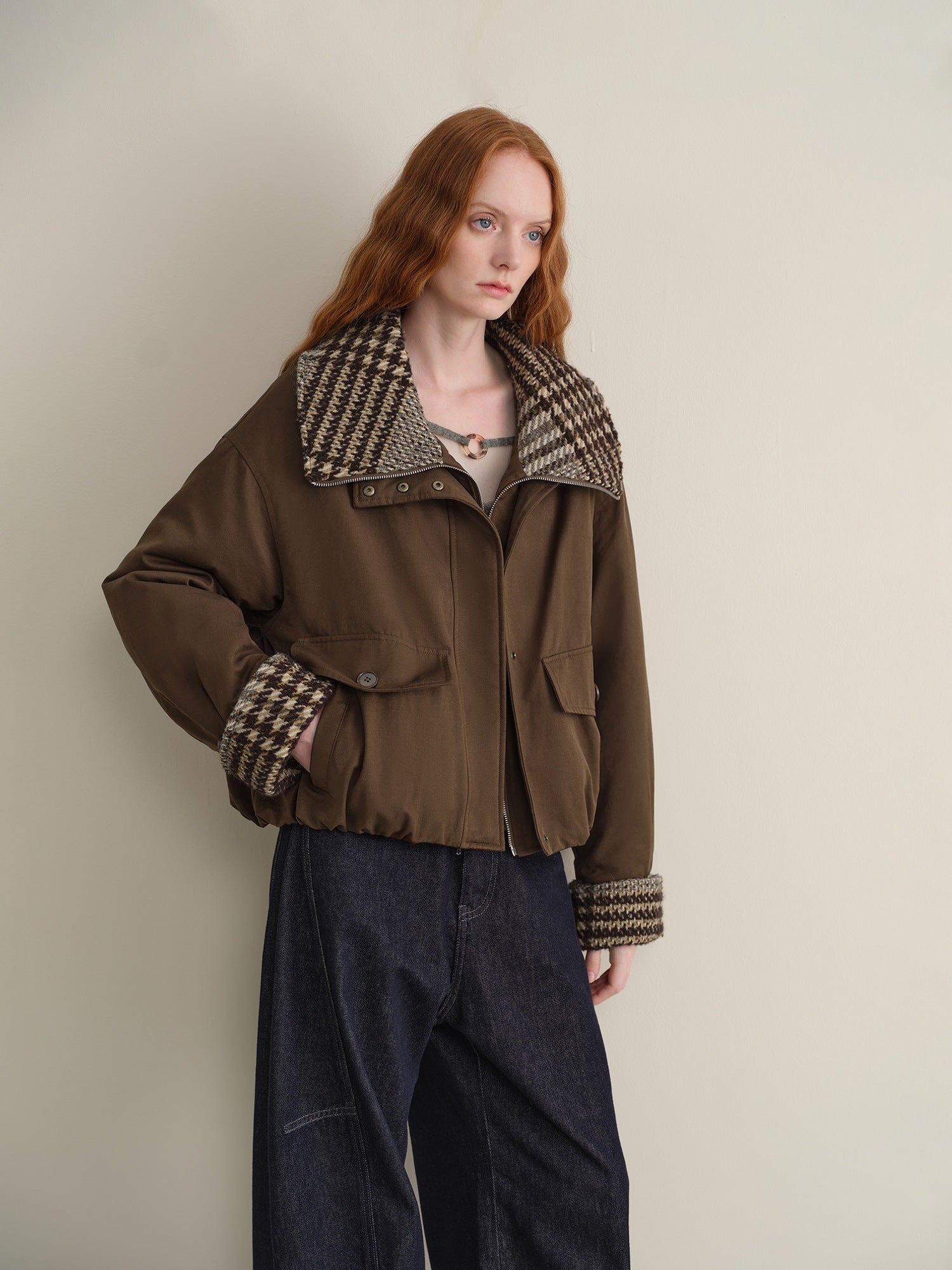 someonesometimes Cotton Houndstooth Faux Layered Workwear Loose Fit Women Short Puffer Jackets