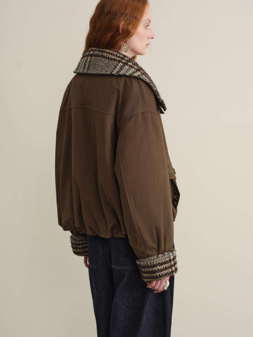 someonesometimes Cotton Houndstooth Faux Layered Workwear Loose Fit Women Short Puffer Jackets