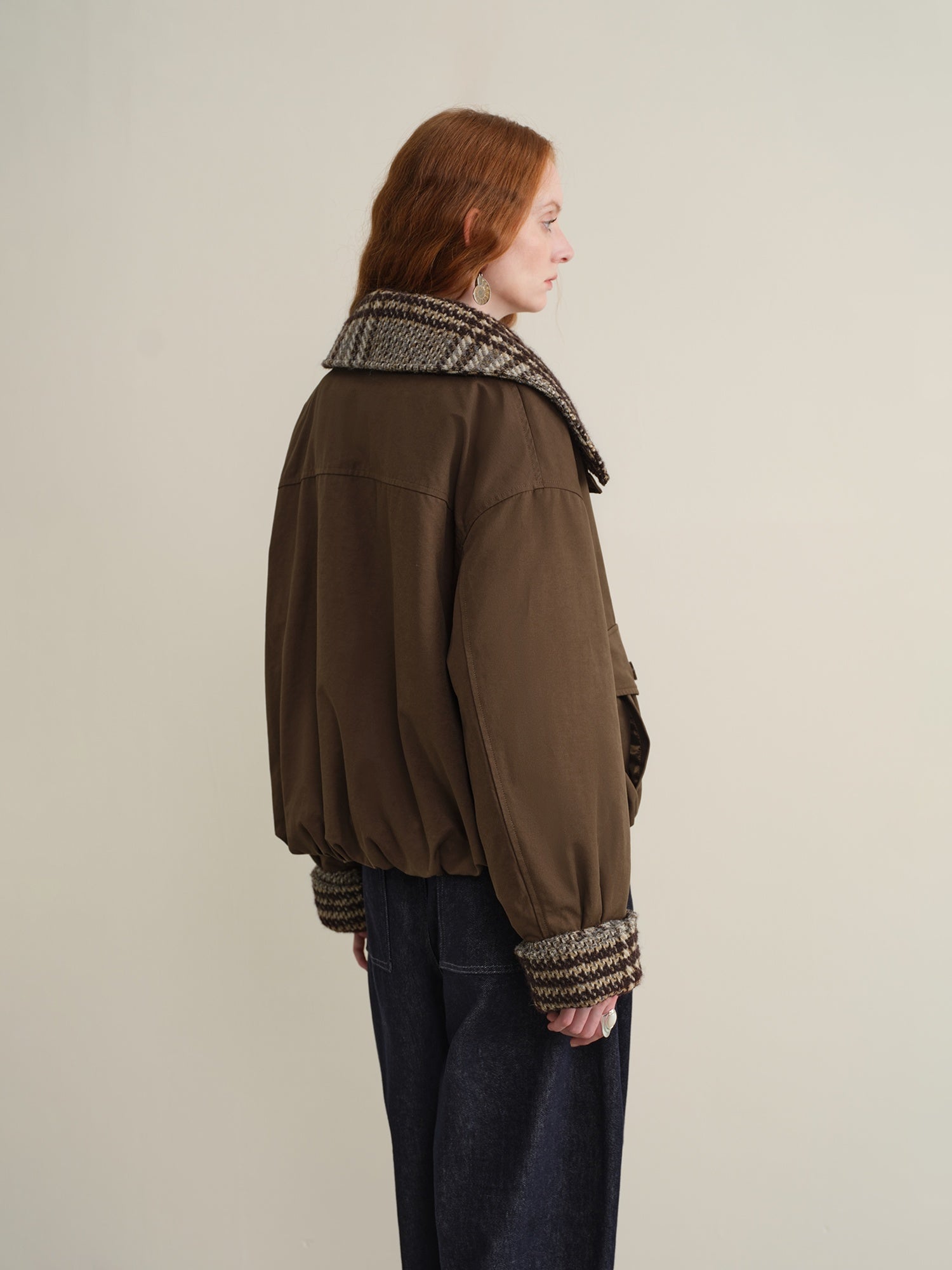 someonesometimes Cotton Houndstooth Faux Layered Workwear Loose Fit Women Short Puffer Jackets