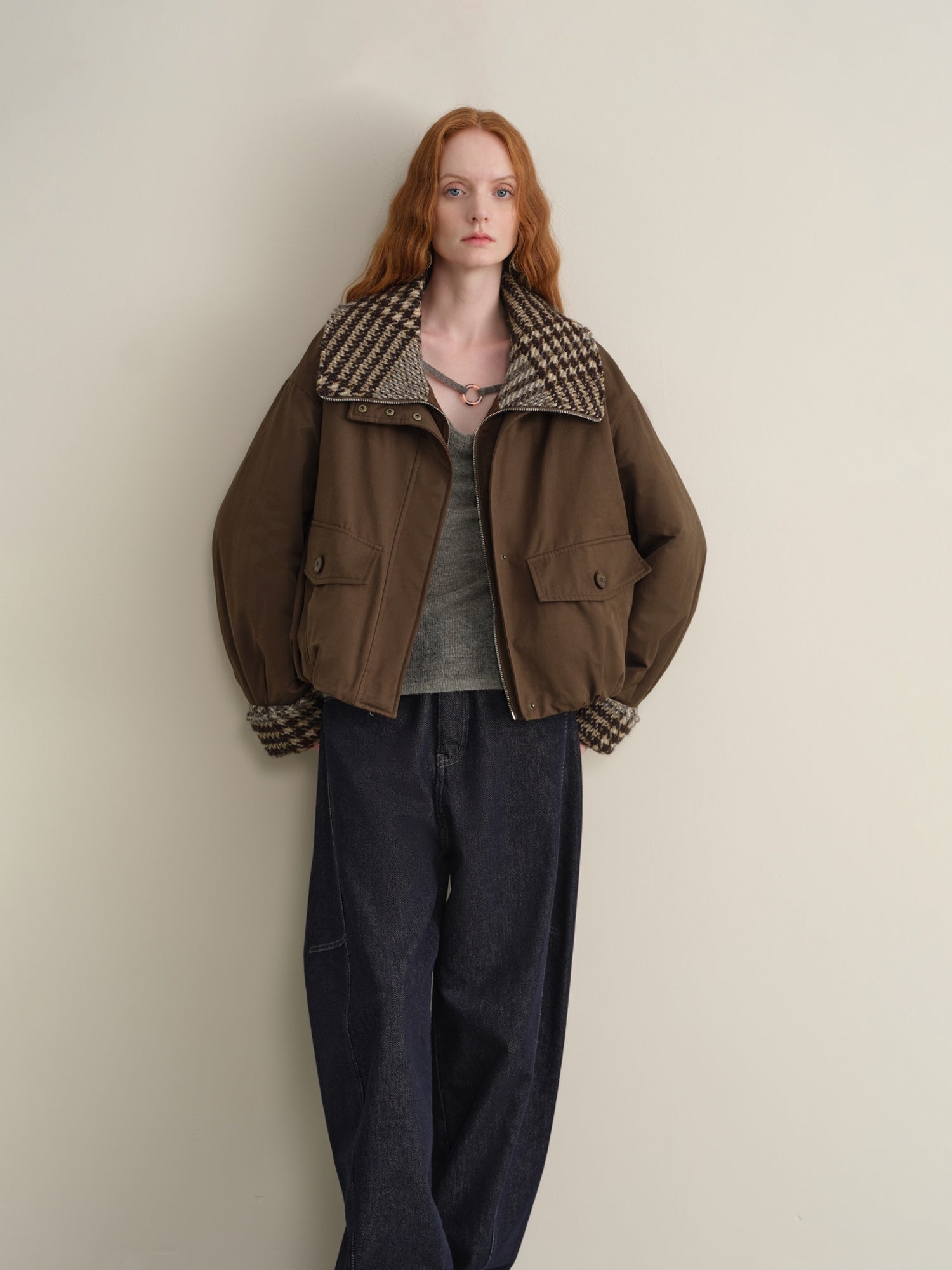 someonesometimes Cotton Houndstooth Faux Layered Workwear Loose Fit Women Short Puffer Jackets