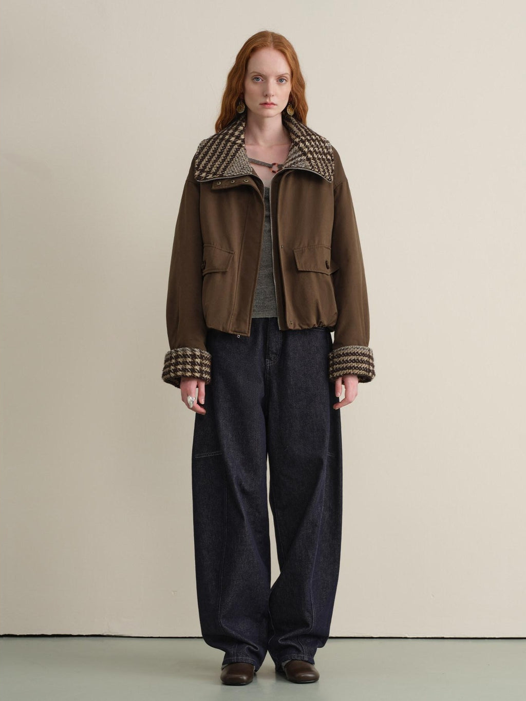 someonesometimes Cotton Houndstooth Faux Layered Workwear Loose Fit Women Short Puffer Jackets
