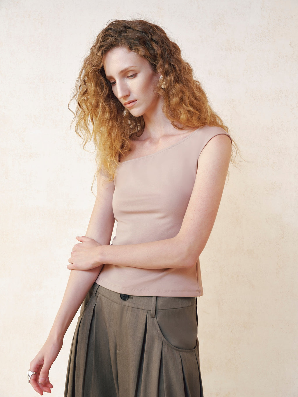 someonesometimes Cotton Stretch Asymmetrical Neck Slim Fit Women Lotus Pink Short Sleeve T-Shirts