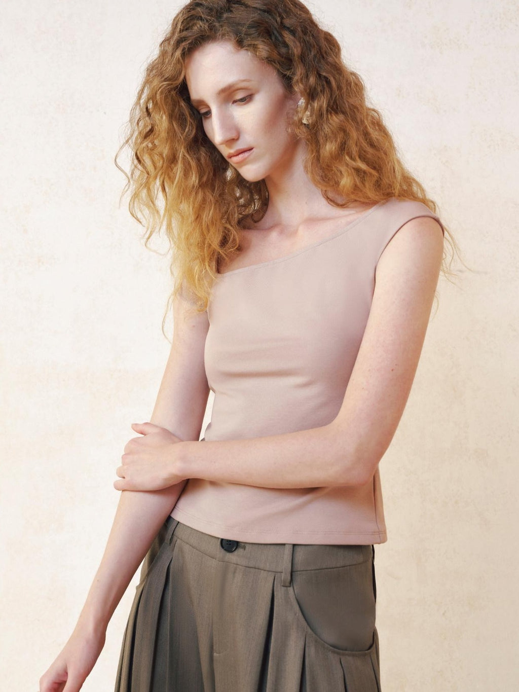 someonesometimes Cotton Stretch Asymmetrical Neck Slim Fit Women Lotus Pink Short Sleeve T-Shirts