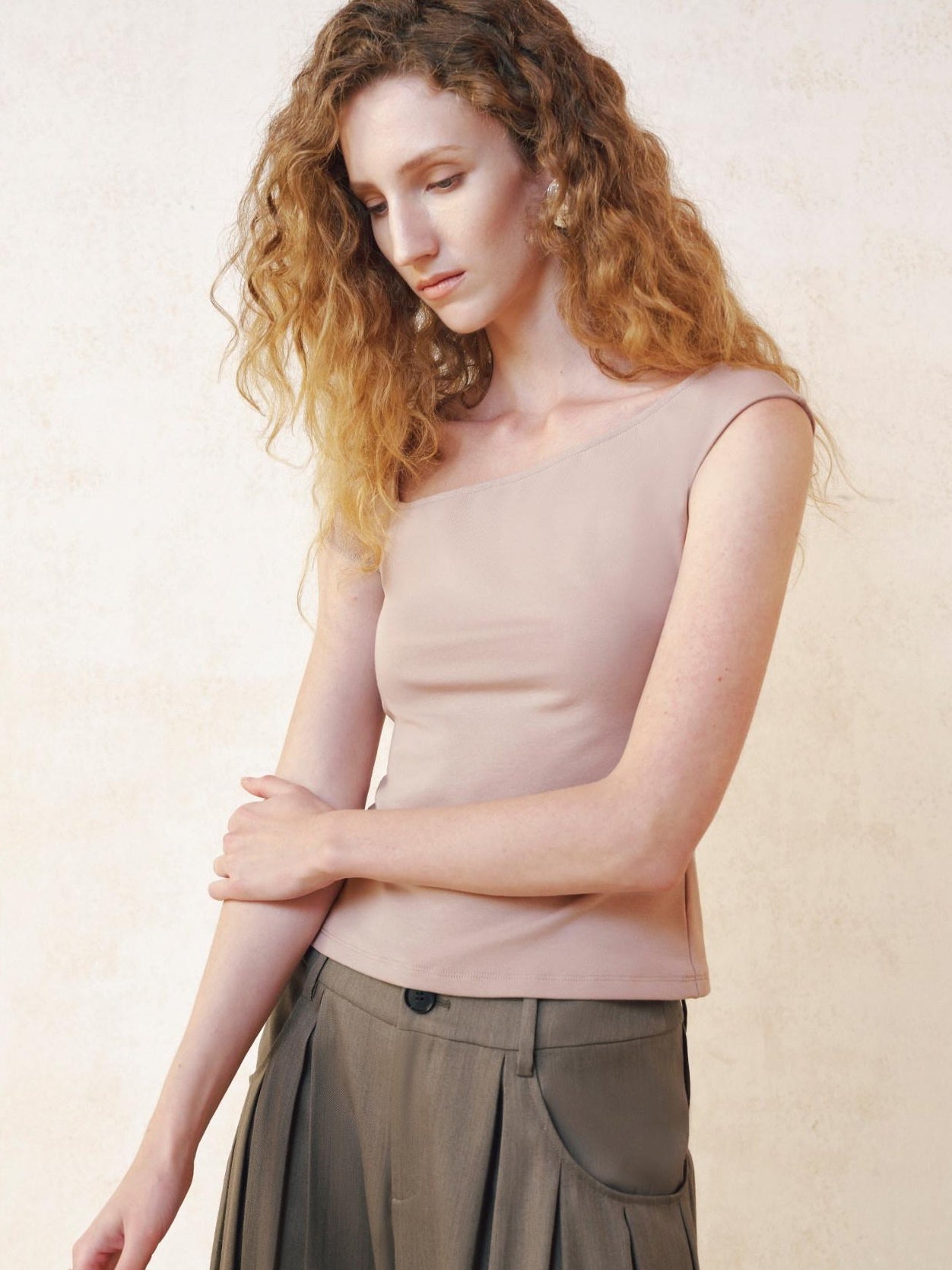 someonesometimes Cotton Stretch Asymmetrical Neck Slim Fit Women Lotus Pink Short Sleeve T-Shirts