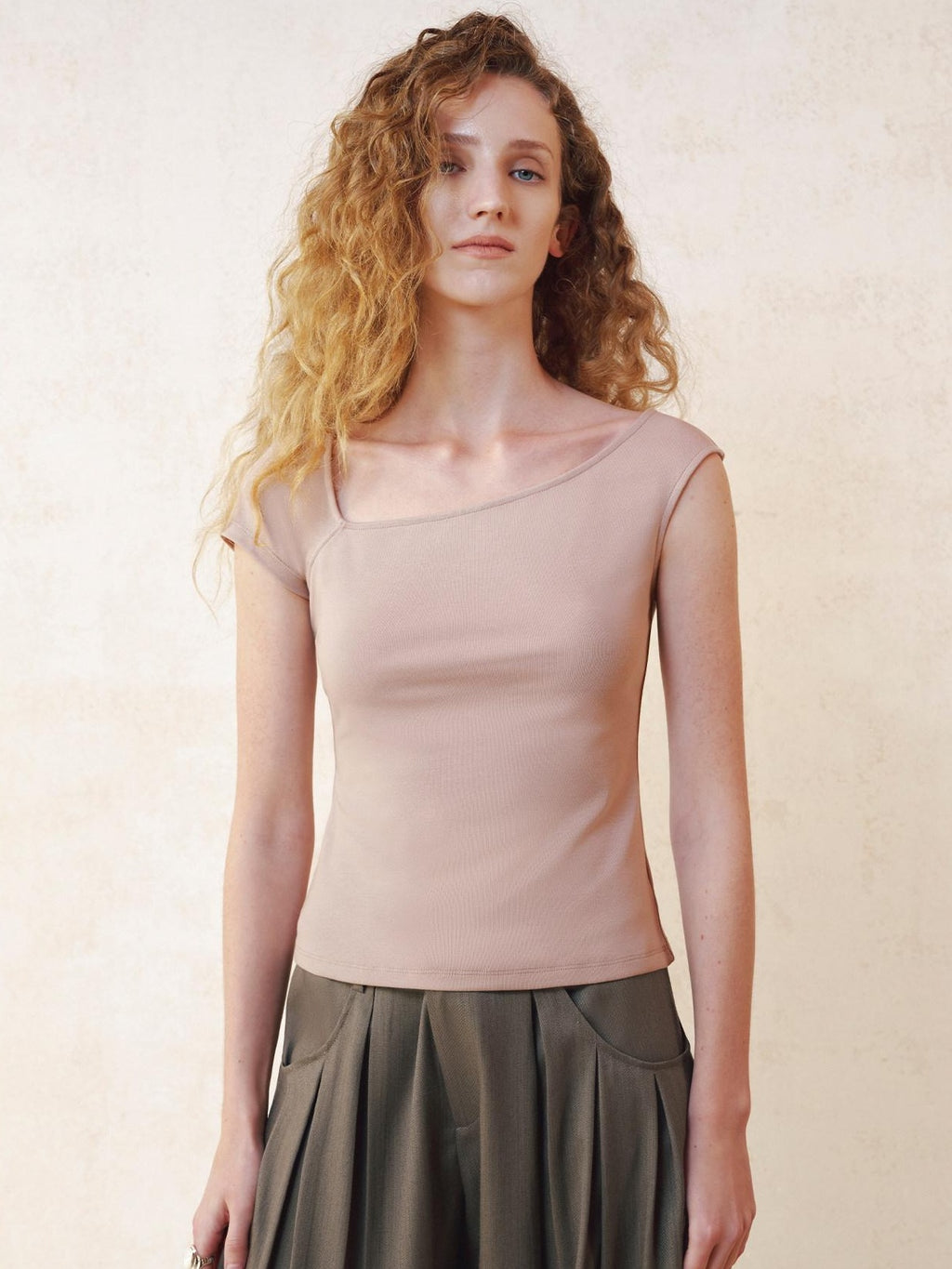 someonesometimes Cotton Stretch Asymmetrical Neck Slim Fit Women Lotus Pink Short Sleeve T-Shirts