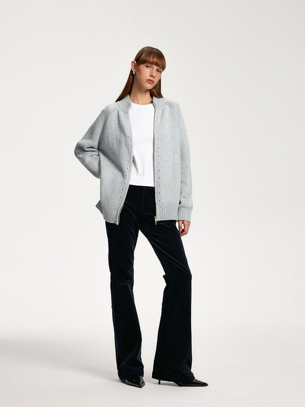 someonesometimes Cozy Acrylic Nylon Wool Stand Collar Work Open Front Knit Baby Blue Cardigans