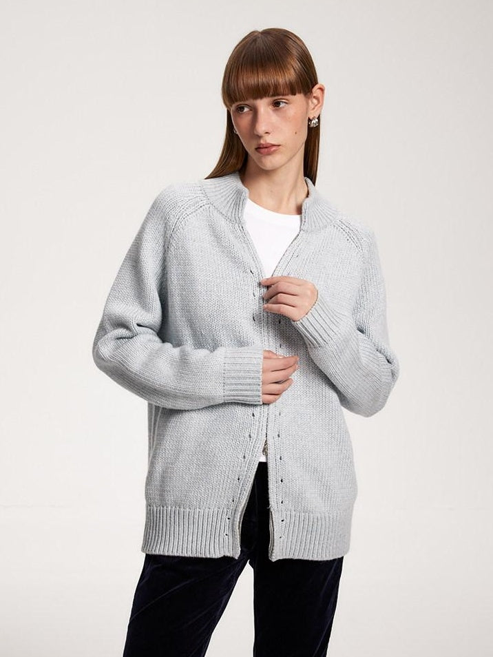 someonesometimes Cozy Acrylic Nylon Wool Stand Collar Work Open Front Knit Baby Blue Cardigans