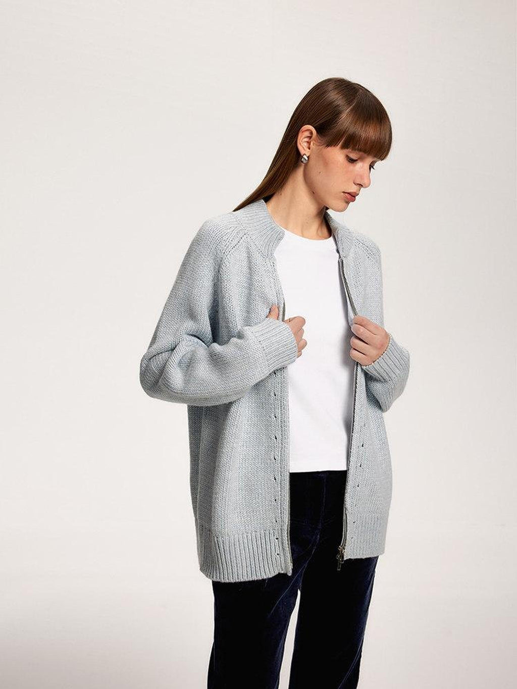 someonesometimes Cozy Acrylic Nylon Wool Stand Collar Work Open Front Knit Baby Blue Cardigans