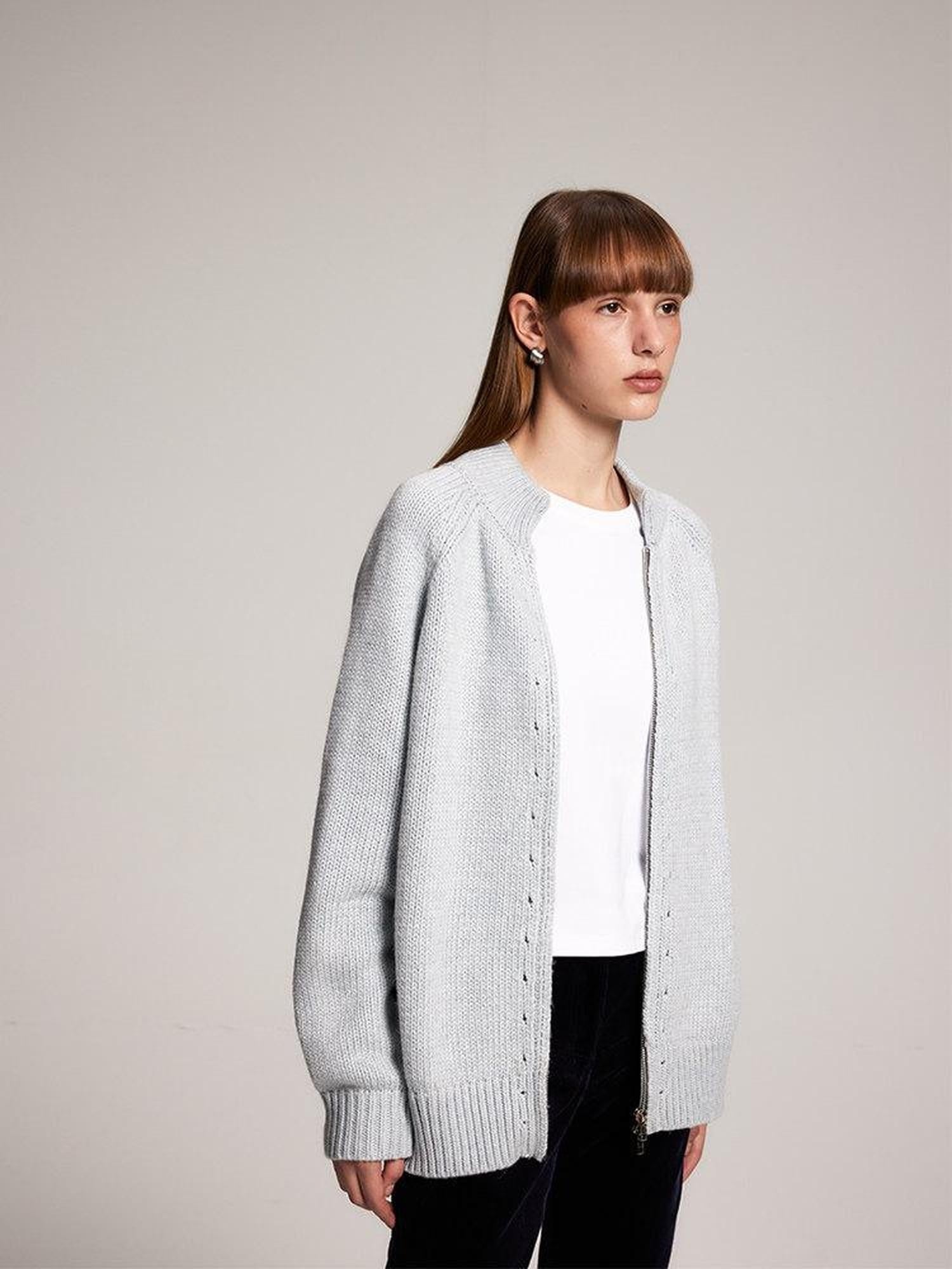 someonesometimes Cozy Acrylic Nylon Wool Stand Collar Work Open Front Knit Baby Blue Cardigans