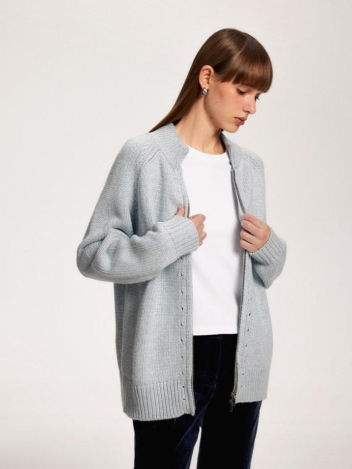 someonesometimes Cozy Acrylic Nylon Wool Stand Collar Work Open Front Knit Baby Blue Cardigans