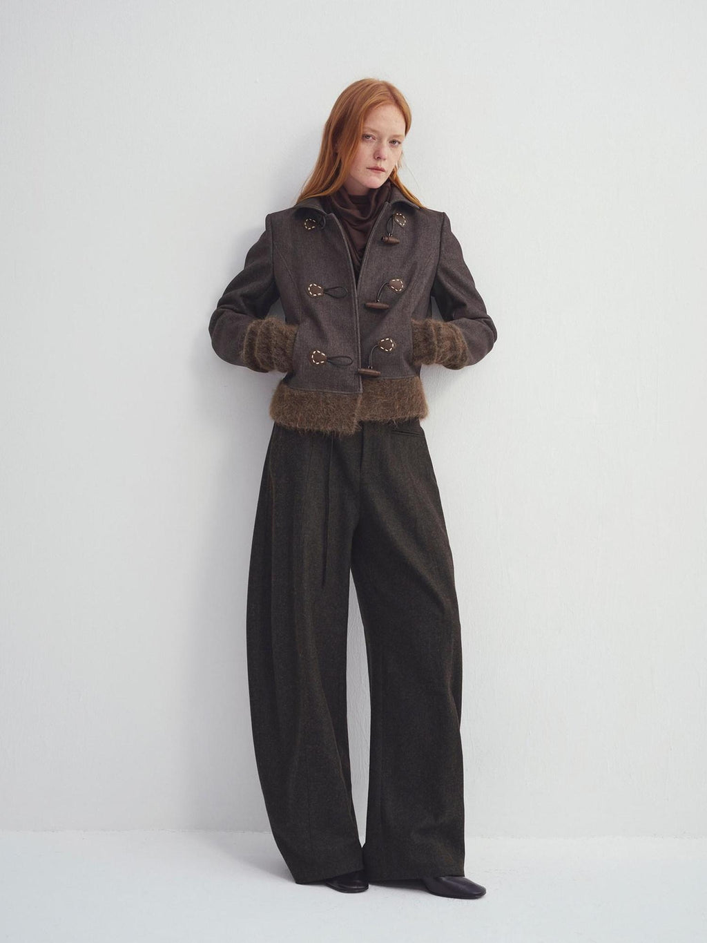 someonesometimes Cozy High Waist Casual Wool Blend Women Dark Moss Brown Wide Leg Pants