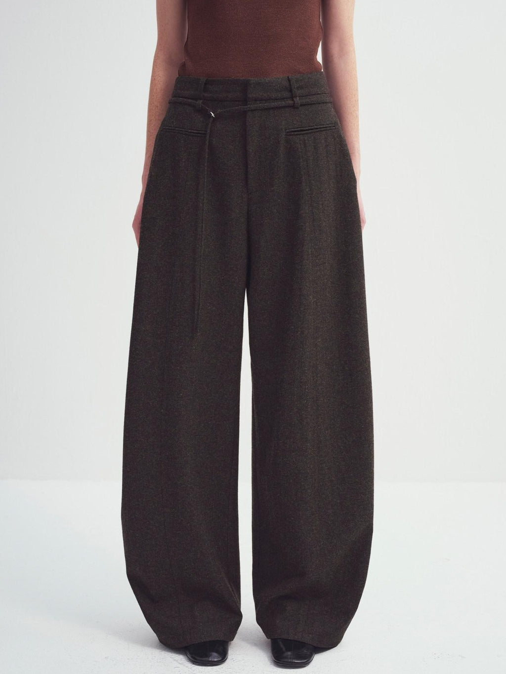 someonesometimes Cozy High Waist Casual Wool Blend Women Dark Moss Brown Wide Leg Pants