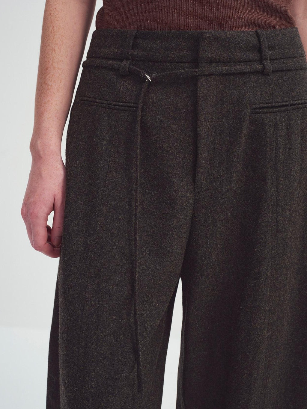 someonesometimes Cozy High Waist Casual Wool Blend Women Dark Moss Brown Wide Leg Pants