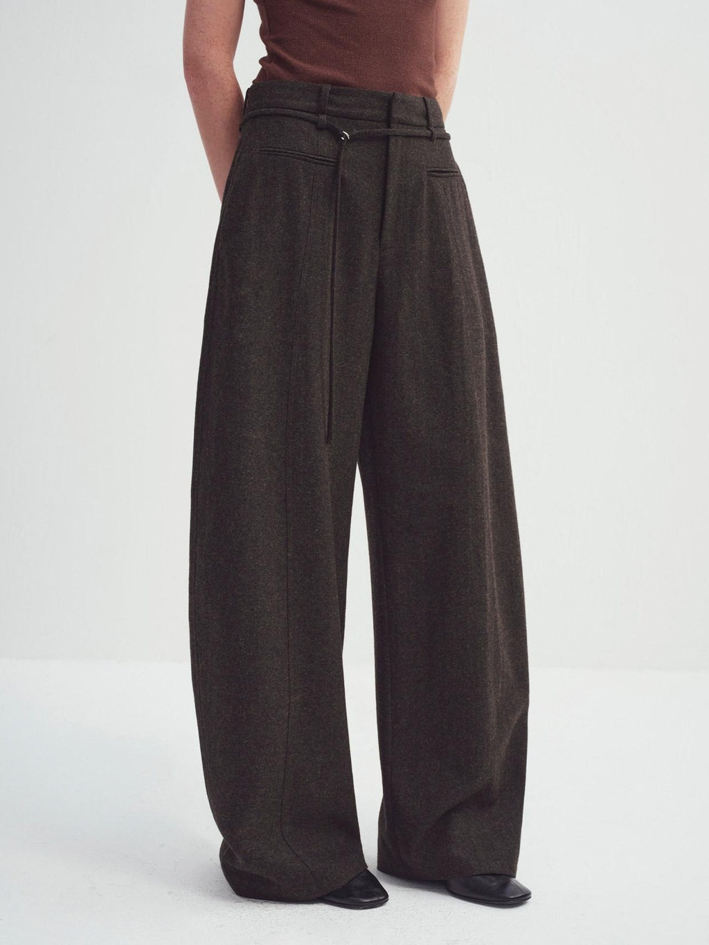 someonesometimes Cozy High Waist Casual Wool Blend Women Dark Moss Brown Wide Leg Pants