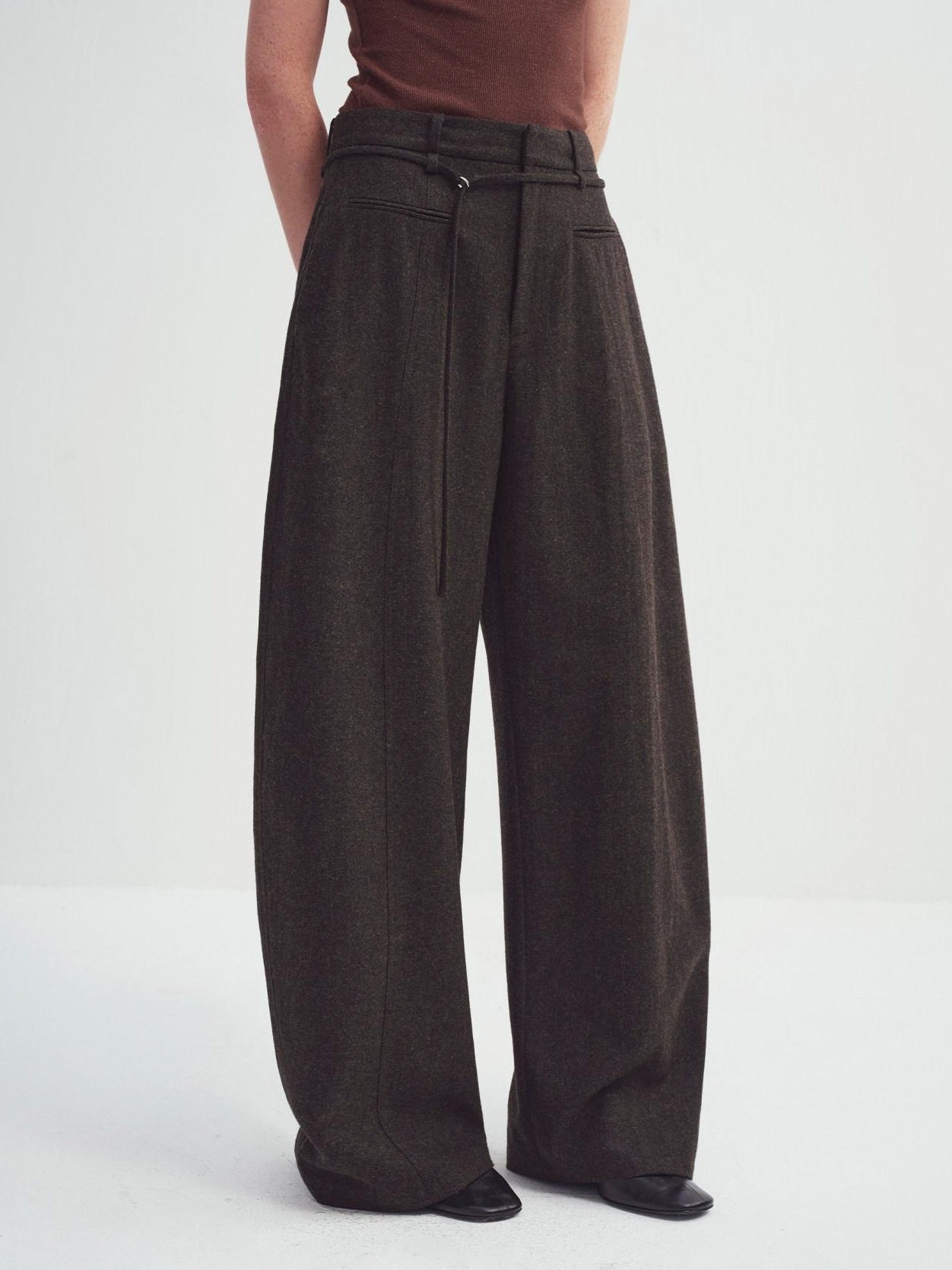 someonesometimes Cozy High Waist Casual Wool Blend Women Dark Moss Brown Wide Leg Pants