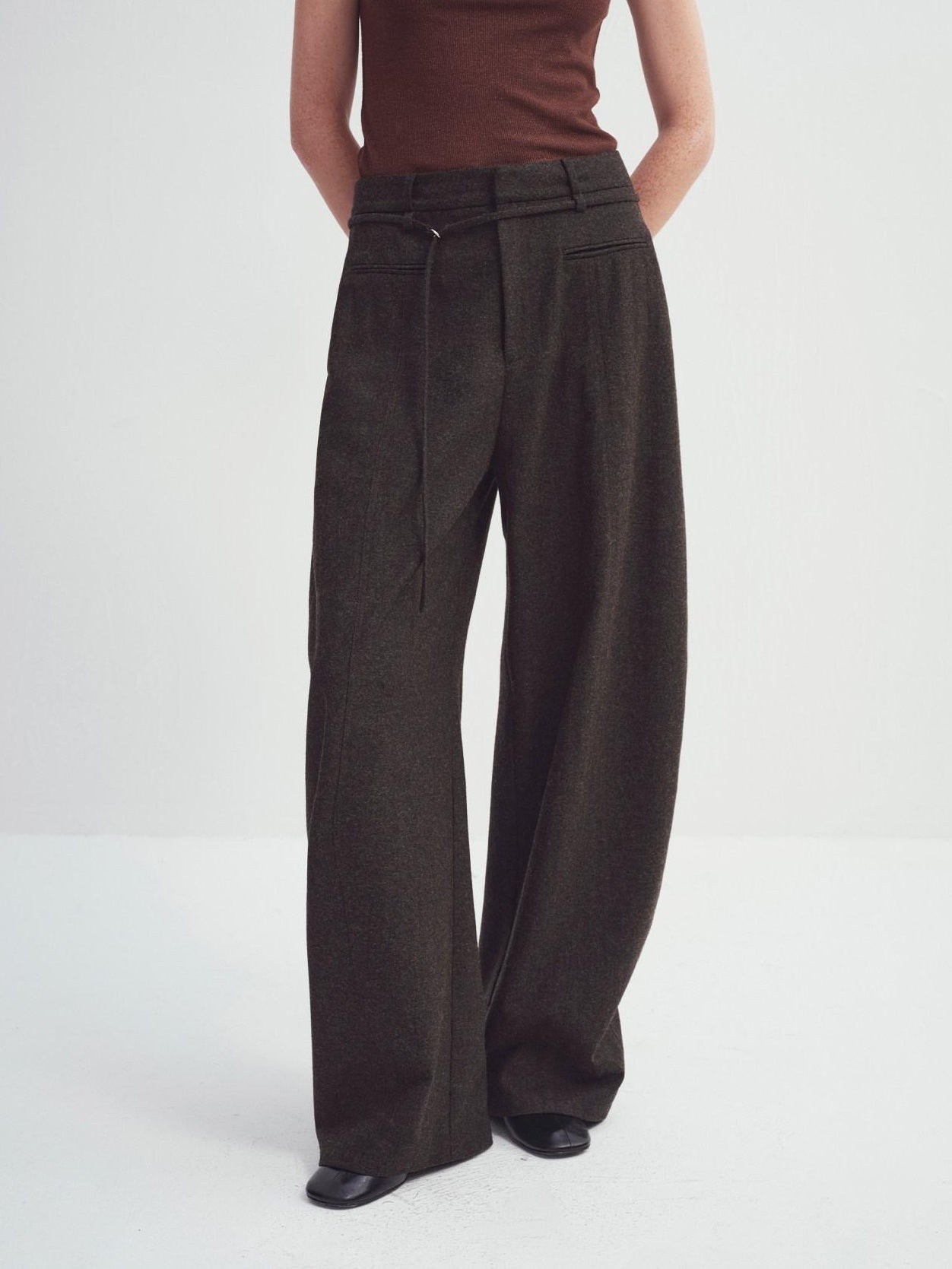 someonesometimes Cozy High Waist Casual Wool Blend Women Dark Moss Brown Wide Leg Pants