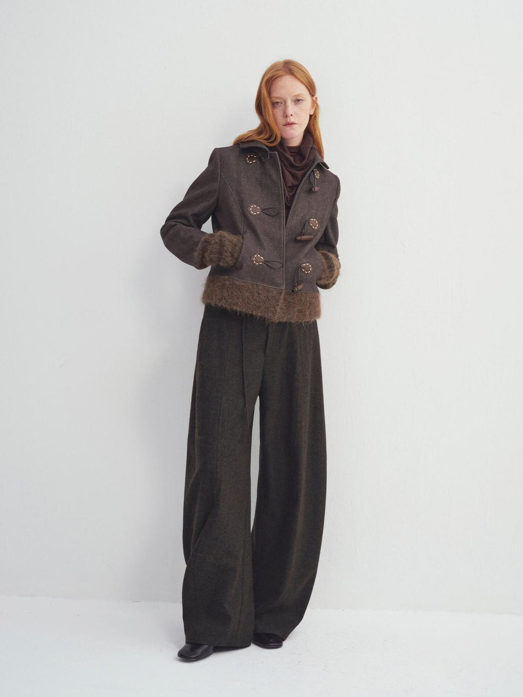 someonesometimes Cozy High Waist Casual Wool Blend Women Dark Moss Brown Wide Leg Pants
